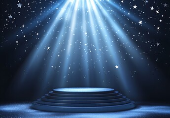 A spotlight podium with stars, particles and rays of light shining down, perfect for promotional products display  showcasing award-winning concept. 