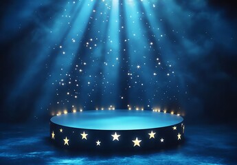 A spotlight podium with stars, particles and rays of light shining down, perfect for promotional products display  showcasing award-winning concept. 