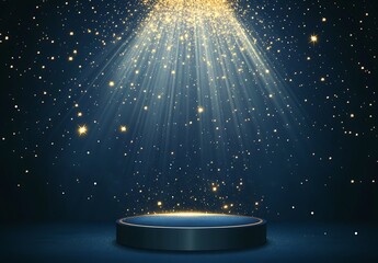 A spotlight podium with stars, particles and rays of light shining down, perfect for promotional products display  showcasing award-winning concept. 
