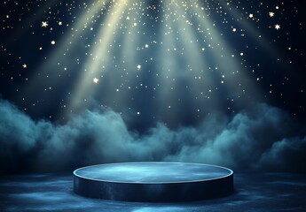 A spotlight podium with stars, particles and rays of light shining down, perfect for promotional products display  showcasing award-winning concept. 