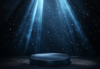 A spotlight podium with stars, particles and rays of light shining down, perfect for promotional products display  showcasing award-winning concept. 