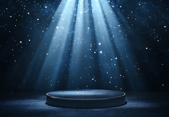 A spotlight podium with stars, particles and rays of light shining down, perfect for promotional products display  showcasing award-winning concept. 