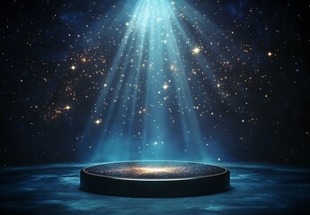 A spotlight podium with stars, particles and rays of light shining down, perfect for promotional products display  showcasing award-winning concept. 