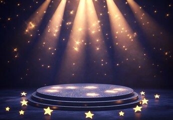 A spotlight podium with stars, particles and rays of light shining down, perfect for promotional products display  showcasing award-winning concept. 