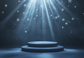 A spotlight podium with stars, particles and rays of light shining down, perfect for promotional products display  showcasing award-winning concept. 