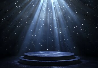 A spotlight podium with stars, particles and rays of light shining down, perfect for promotional products display  showcasing award-winning concept. 