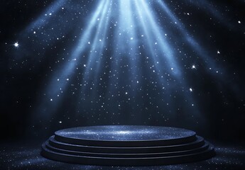 A spotlight podium with stars, particles and rays of light shining down, perfect for promotional products display  showcasing award-winning concept. 