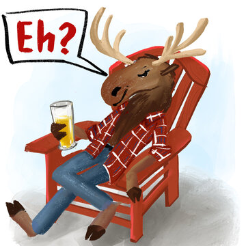 Canada day illustration : a moose wearing a plaid shirt having a beer. cartoon