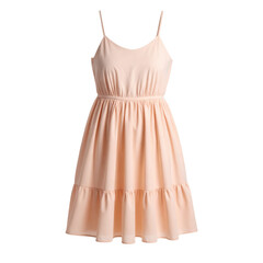A simple, sleeveless, peach-colored dress with a gathered waist and a flared hemline. cut out. transparent background