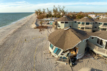Storm surge severe damage to waterfront houses after hurricane Milton in Englewood, Florida....