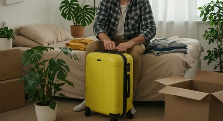 Young Man Packing Suitcase, Preparing for Travel, Moving, New Home, Apartment, Plants, Cardboard Boxes