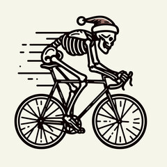  Skeleton wear santa hat Cycling. Christmas Xmas Holiday Winter New Year Claus Clipart Line Art Vector Illustration. Bony figure don headgear biking activity bone man using cycle.