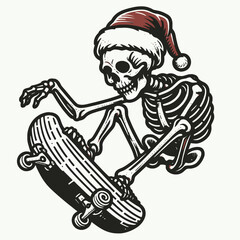  Skeleton wear santa hat doing a skateboard trick mid air. Christmas Xmas Holiday Winter New Year Claus Clipart Line Art Vector Illustration. Bone figure in headgear executes skate jump.
