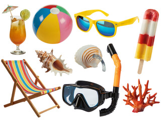 Summer vacation essentials beach fun colorful items sea sun joy on transparent background