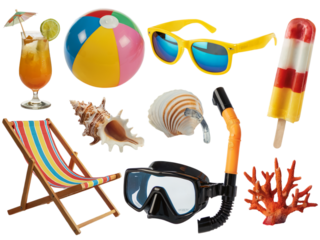 Summer vacation essentials beach fun colorful items sea sun joy on transparent background