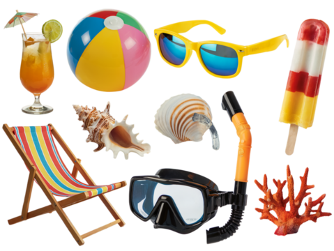Summer vacation essentials beach fun colorful items sea sun joy on transparent background