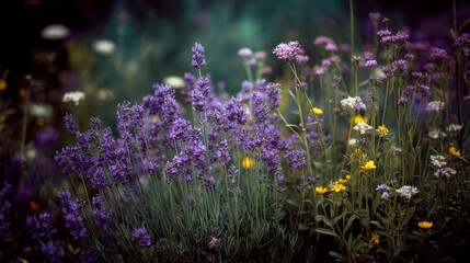Obraz premium Lavender Flowers Close Up at Sunset, Purple Floral Backlit Image