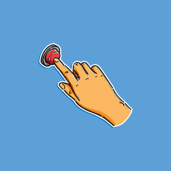 Illustration of a single hand pressing a highlighted red button. Depicts action, urgency, and decision making concepts, presented on a solid blue background to enhance the image's focus and clarity.