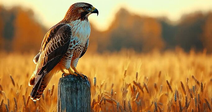 Majestic hawk perched on a weathered post in a golden wheat field at sunset.