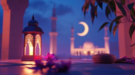 Fototapeta premium Illuminated lantern at dusk near a mosque.