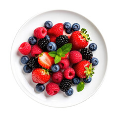 Obraz premium A vibrant assortment of fresh berries arranged on a white plate, showcasing strawberries, blueberries, raspberries, and blackberries with green mint leaves. cut out. transparent background