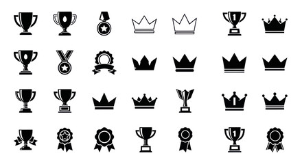 Award Icons Collection: A diverse set of achievement and victory symbols, including trophies, medals, crowns and ribbons, perfect for design projects related to success, competition and celebration.