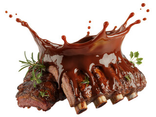 Delicious bbq pork ribs with glaze splashing sauce red meat food on transparent background
