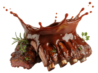 Delicious bbq pork ribs with glaze splashing sauce red meat food on transparent background