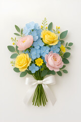 Obraz premium Bridal Bouquet with Pink, Blue, and Yellow Flowers on White Background, bridal bouquet, wedding flowers, pink flowers, blue flowers, yellow roses, wedding decoration, white background, romantic