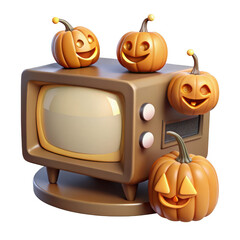3d retro television with halloween pumpkins isolated on transparent background
