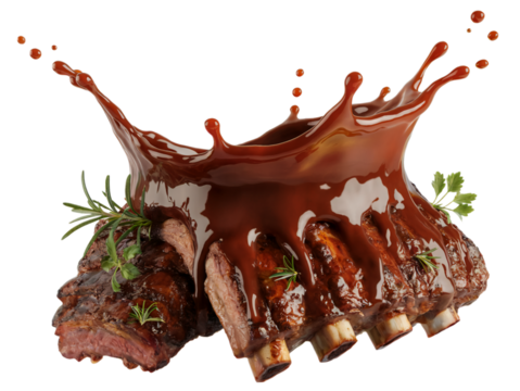 Delicious bbq pork ribs with glaze splashing sauce red meat food on transparent background