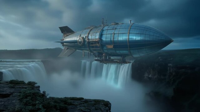 Steampunk airship hovering over a majestic waterfall in a cloudy landscape a perfect high quality image for science fiction or fantasy art design projects