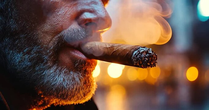Close-up of a man's face and mouth smoking a cigar with smoke and fire.