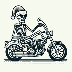 Obraz premium Skeleton wear santa hat sitting on a motorcycle wearing sunglasses. Christmas Xmas Holiday Winter New Year Claus Clipart Line Art Vector Illustration. Bony figure in festive headgear riding.