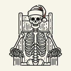 Obraz premium Skeleton wear santa hat sitting on a throne like king. Christmas Xmas Holiday Winter New Year Claus Clipart Line Art Vector Illustration. Bony figure in yuletide headgear seated as monarch.