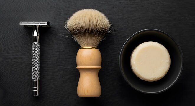 Classic Shaving Ritual: A Moment of Grooming Elegance with Razor, Brush, and Soap, Timeless Style for Modern Man's Self-Care Routine