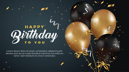 happy birthday greeting template with balloon, birthday flag and glitter
