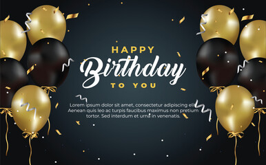 happy birthday greeting template with balloon, birthday flag and glitter