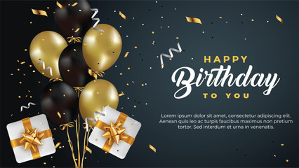 happy birthday greeting template with balloon, birthday flag and glitter