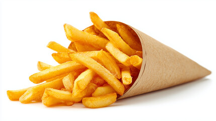 Fries spilling out of a paper cone create a casual, tasty vibe against a plain white backdrop.

