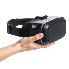 Hand Holding Black Virtual Reality Headset Isolated on Transparent Background