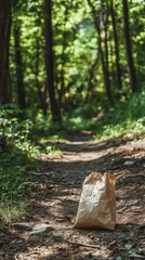 Obraz premium A brown bag is on the ground in a forest