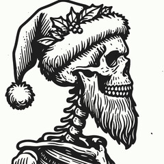  Skeleton wear santa hat Thanksgiving. Christmas Xmas Holiday Winter New Year Claus Clipart Line Art Vector Illustration. Bony figure with festive headwear for autumn occasion.