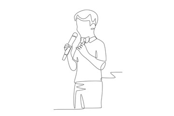 Male students take part in a singing competition at school. School events concept one-line drawing