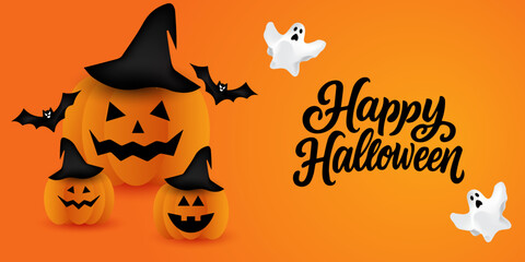 Happy Halloween poster, cards, flayer with yellow, dark blue, purple and orange design, pumpkins smile, tree, bat flying, ghost, spider, banner design on black background, set of Halloween for holday.