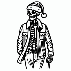 Fototapeta premium Skeleton wear santa hat walking with a swagger. Christmas Xmas Holiday Winter New Year Claus Clipart Line Art Vector Illustration. Bony being in yule cap struts cool pose festive season.