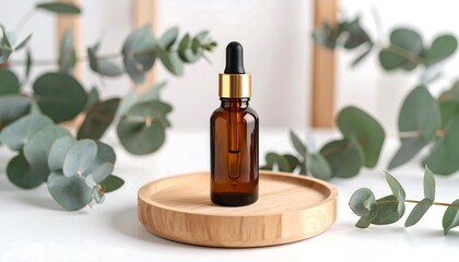 Serum bottle and eucalyptus leaves with wooden tray, white background, and natural beauty concept.