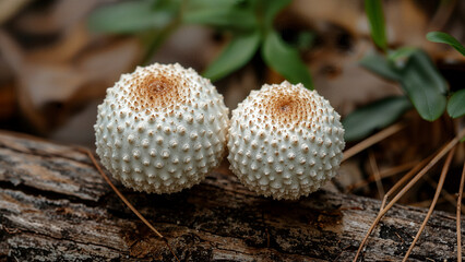 Closeup of two textured off white mushrooms on a log