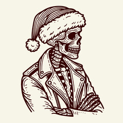 Naklejka premium Skeleton wear santa hat wearing a leather jacket with arms folded. Christmas Xmas Holiday Winter New Year Claus Clipart Line Art Vector Illustration. Bone costume cap outerwear crossed.
