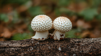 Closeup of two textured off white mushrooms on a log